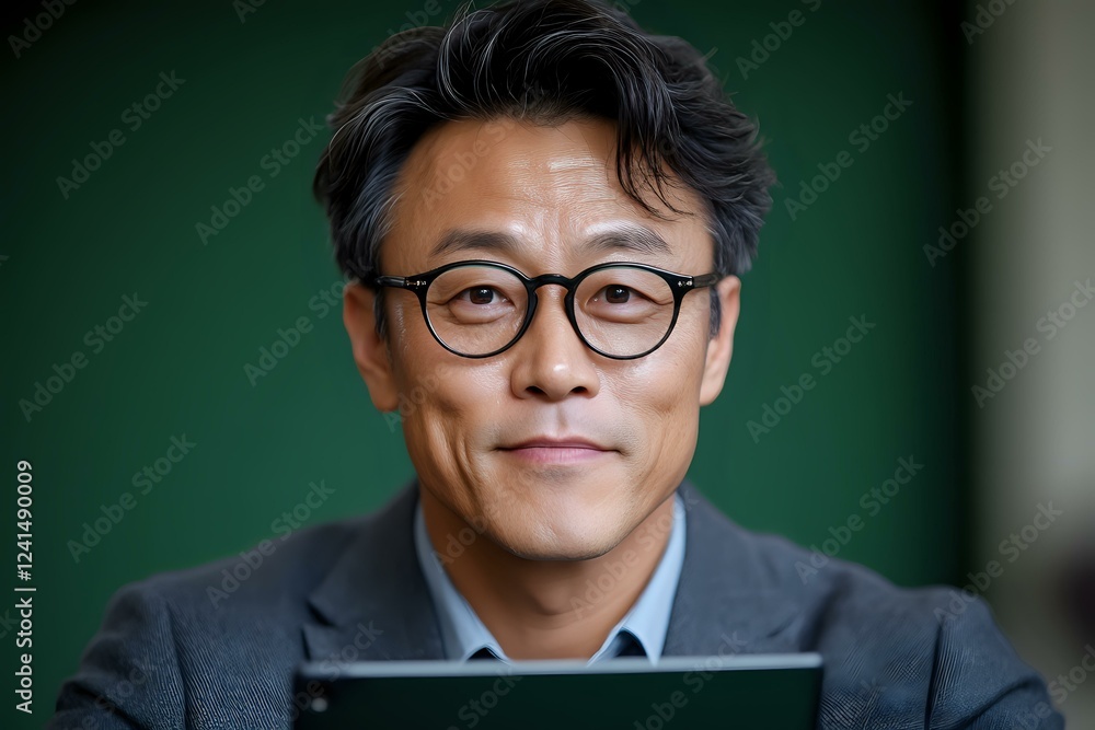 Asian businessman wearing glasses and grey suit jacket smiles confidently while working on digital tablet against green background. Professional corporate portrait. Asian businessman wearing glasses and grey suit jacket smiles confidently while working on digital tablet against green background. Professional corporate portrait.