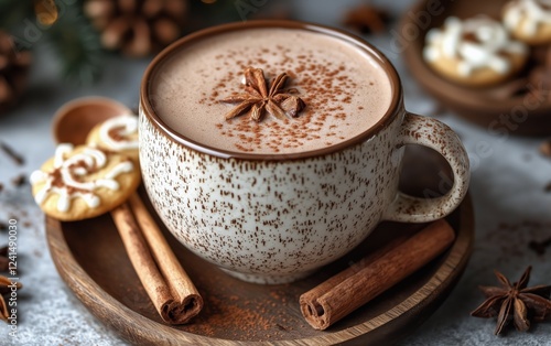 Cozy hot chocolate with spices and cookies on a rustic wooden table during wi...