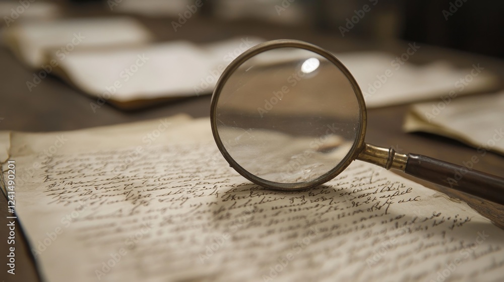 Fototapeta premium Examining ancient manuscript details library photography academic setting close-up magnifying glass insight