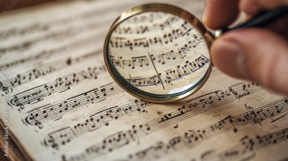 Examining musical notation with a magnifying glass studio photography closeup artistic analysis Examining musical notation with a magnifying glass studio photography closeup artistic analysis