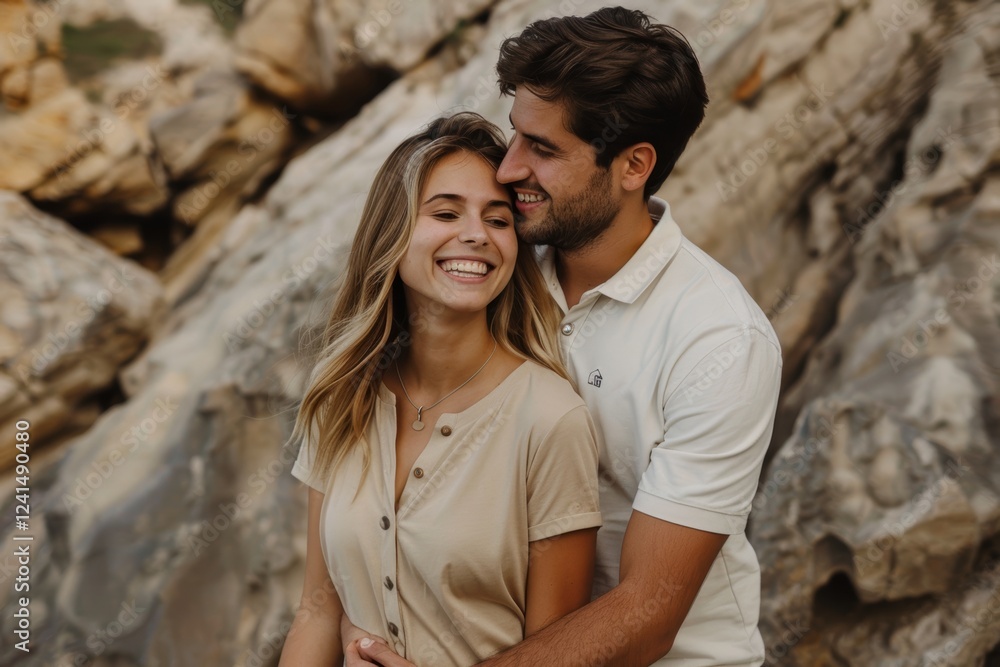Portrait of a joyful couple in their 20s wearing a breathable golf polo on rocky cliff background Portrait of a joyful couple in their 20s wearing a breathable golf polo on rocky cliff background