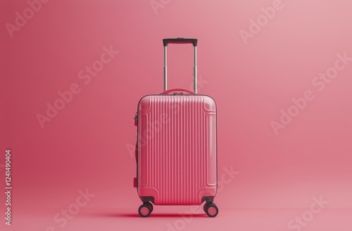 Bright pink suitcase on a soft pink background showcasing modern travel essen...