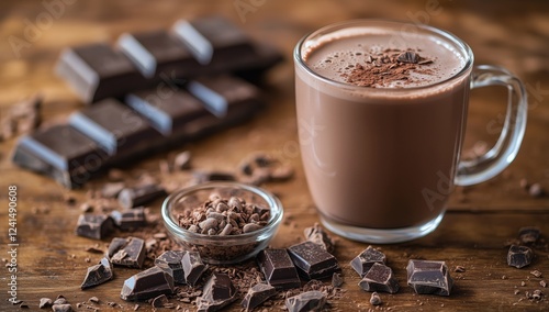 Delicious hot chocolate with chocolate pieces and cocoa powder on wooden table