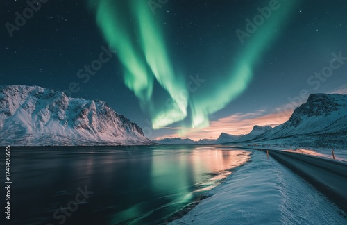 Vivid northern lights illuminate a tranquil winter landscape by the fjord at ...