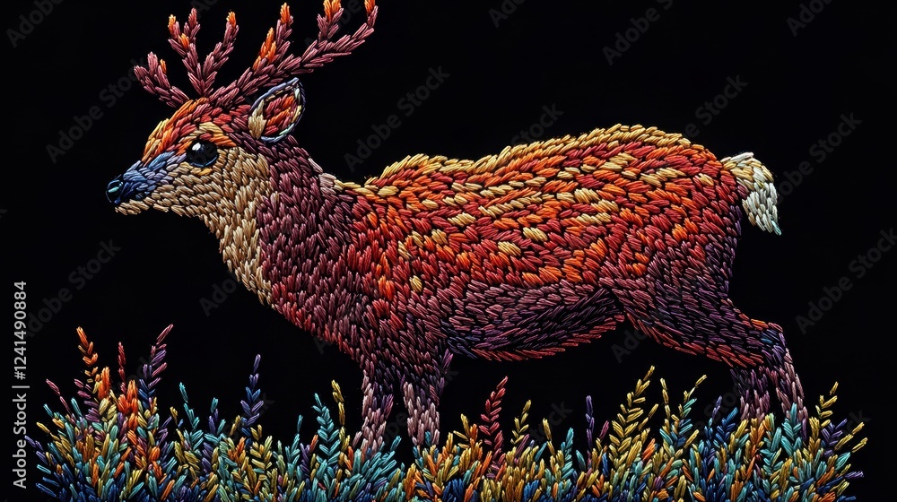 Obraz premium Vibrant Thread Deer Embroidery Art Detailed Wildlife Nature Artwork