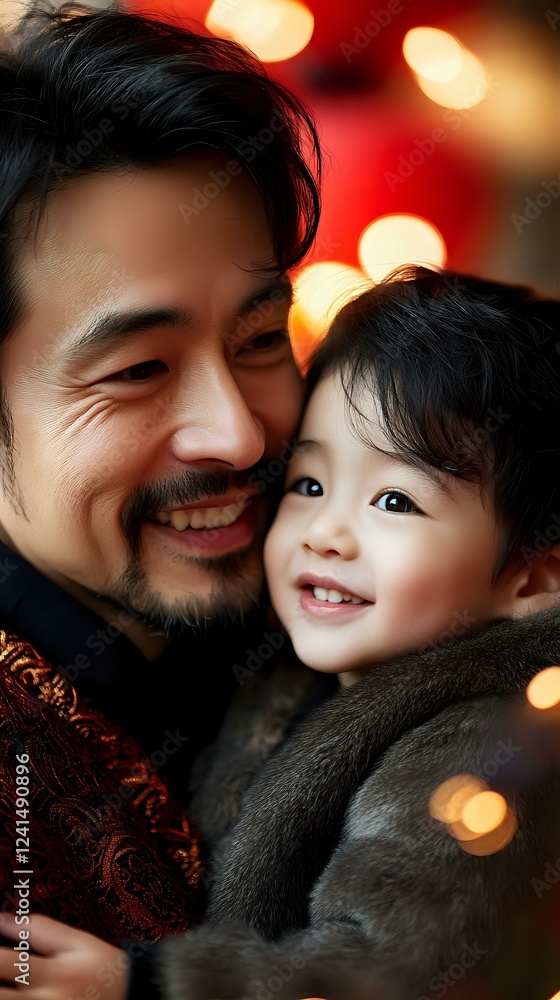 Asian father and young child sharing joyful moment with warm holiday bokeh lights in background, expressing genuine happiness and family bonding. Asian father and young child sharing joyful moment with warm holiday bokeh lights in background, expressing genuine happiness and family bonding.