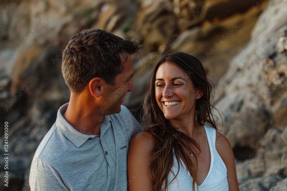 Portrait of a joyful couple in their 20s wearing a breathable golf polo isolated in rocky cliff background Portrait of a joyful couple in their 20s wearing a breathable golf polo isolated in rocky cliff background