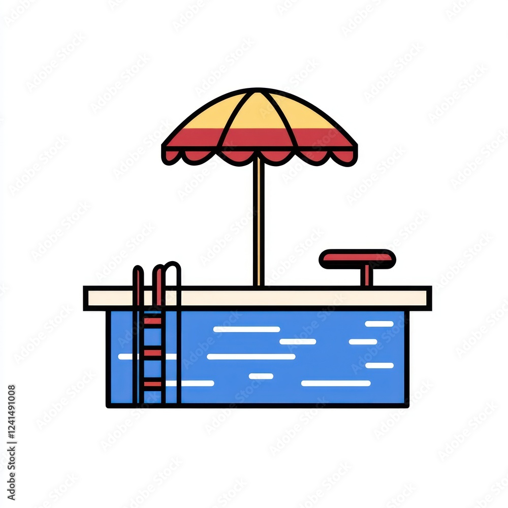 Naklejka premium Poolside summer relaxation; umbrella, ladder, diving board