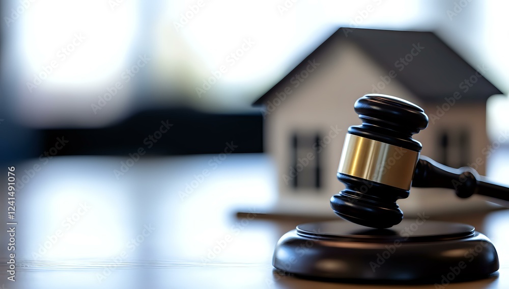 Wooden judge gavel and small house model on table against blurred background, representing real estate law, property disputes and housing legislation. Wooden judge gavel and small house model on table against blurred background, representing real estate law, property disputes and housing legislation.