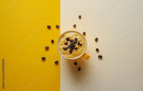 Warm beverage topped with coffee beans on a vibrant yellow and white background