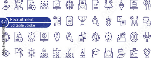 Recruitment icon collection set. Containing job search, interview, job fair, screening, short listed, employee icon.