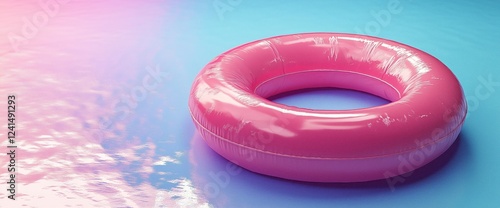 Floating pink pool ring rests on calm water in a vibrant setting during the s...
