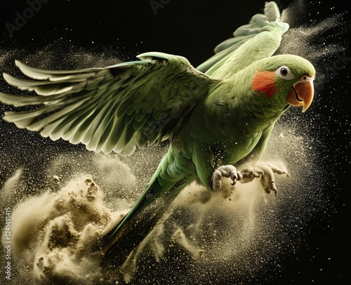Green parrot flying through dust, demonstrating agility and beauty in motion