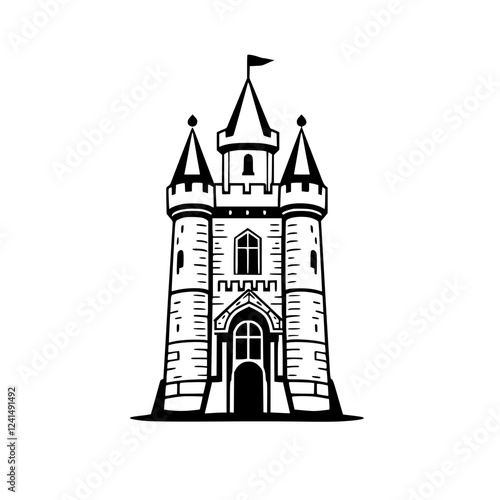 Majestic Medieval Castle Tower: A Vintage Architectural Illustration. Explore the history and grandeur of this ancient fortress, a symbol of royal power and defense.