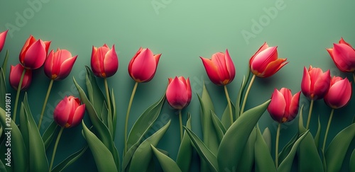 Vibrant pink tulips arranged against a green background in a beautiful floral...