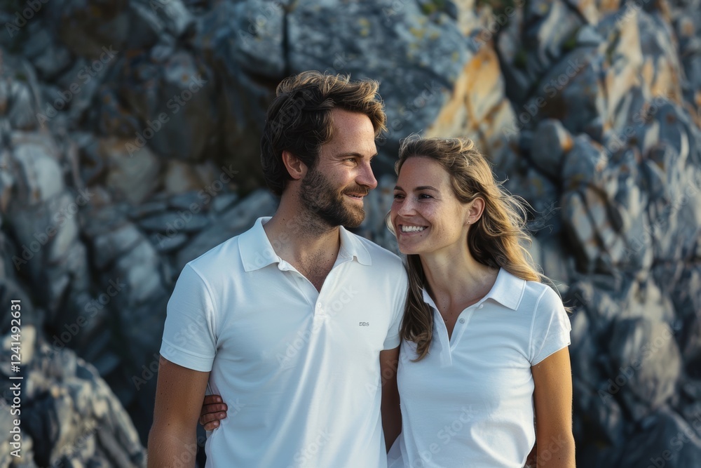 Fototapeta premium Portrait of a blissful couple in their 30s wearing a breathable golf polo in rocky cliff background