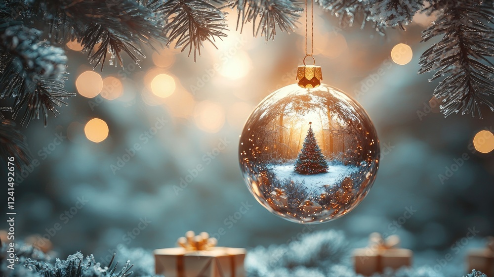 Glass Ornament Reflecting Winter Christmas Tree Glass Ornament Reflecting Winter Christmas Tree