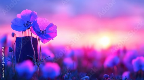 Sunset poppy field, vibrant colors, peaceful scene, nature wallpaper