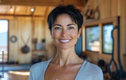 Confident woman smiling in a cozy interior space during a bright day