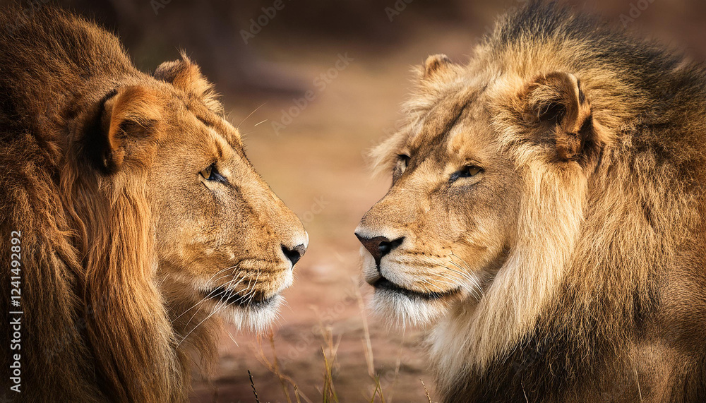 Fototapeta premium portrait of a lion and a lioness looking at each other vintage style