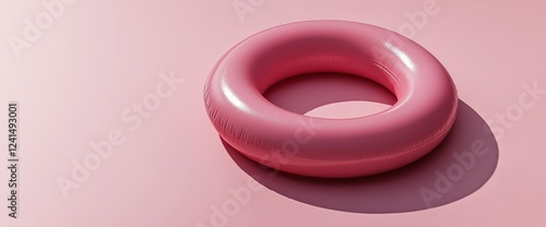 Bright pink inflatable ring rests on smooth pink surface during sunny day