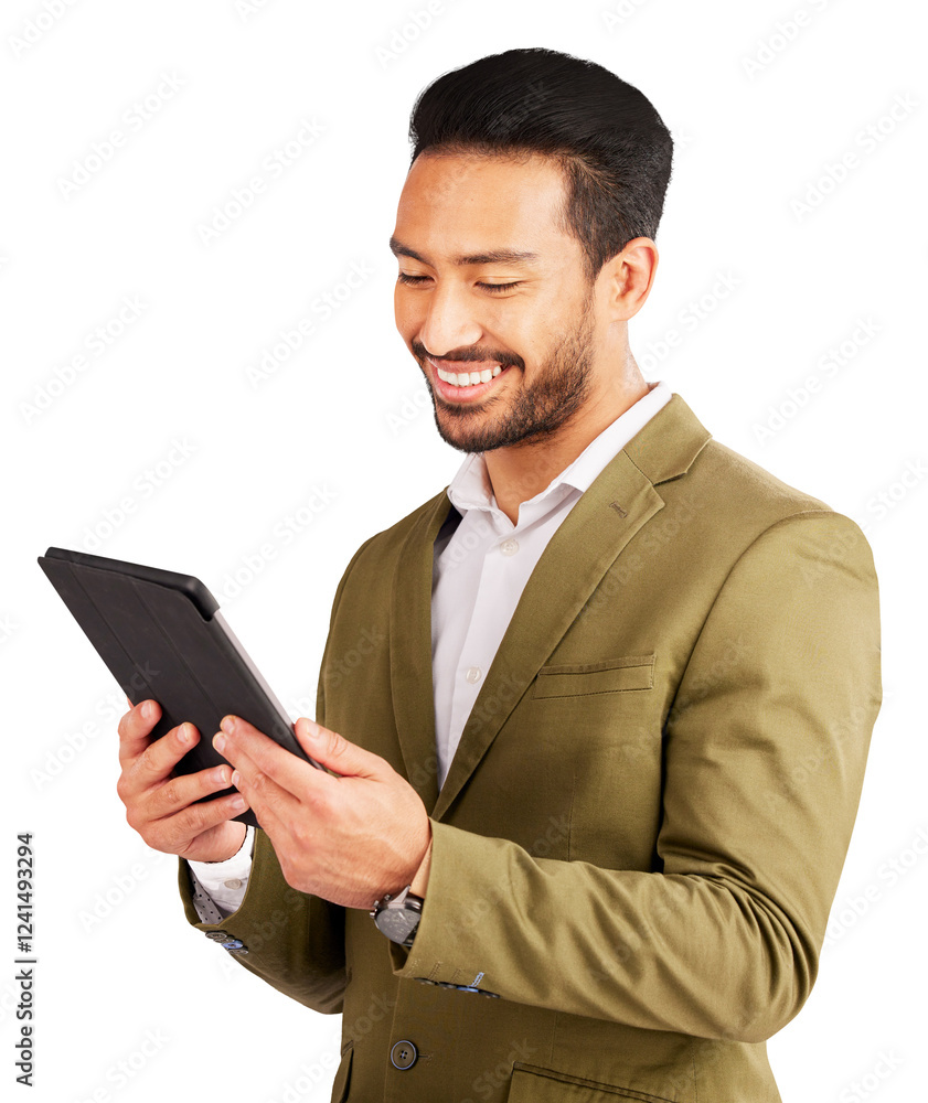 Internet, smile or business with man, tablet or financial adviser isolated on transparent background. Trading, person or employee with tech, stock market newsletter or png with investment or analysis Internet, smile or business with man, tablet or financial adviser isolated on transparent background. Trading, person or employee with tech, stock market newsletter or png with investment or analysis