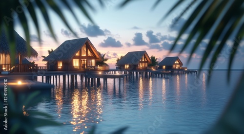 Romantic overwater bungalows at sunset in a tropical paradise