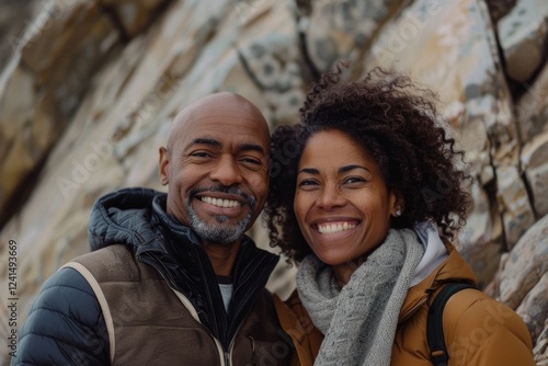 Portrait of a grinning afro-american couple in their 30s dressed in a thermal insulation vest over rocky cliff background