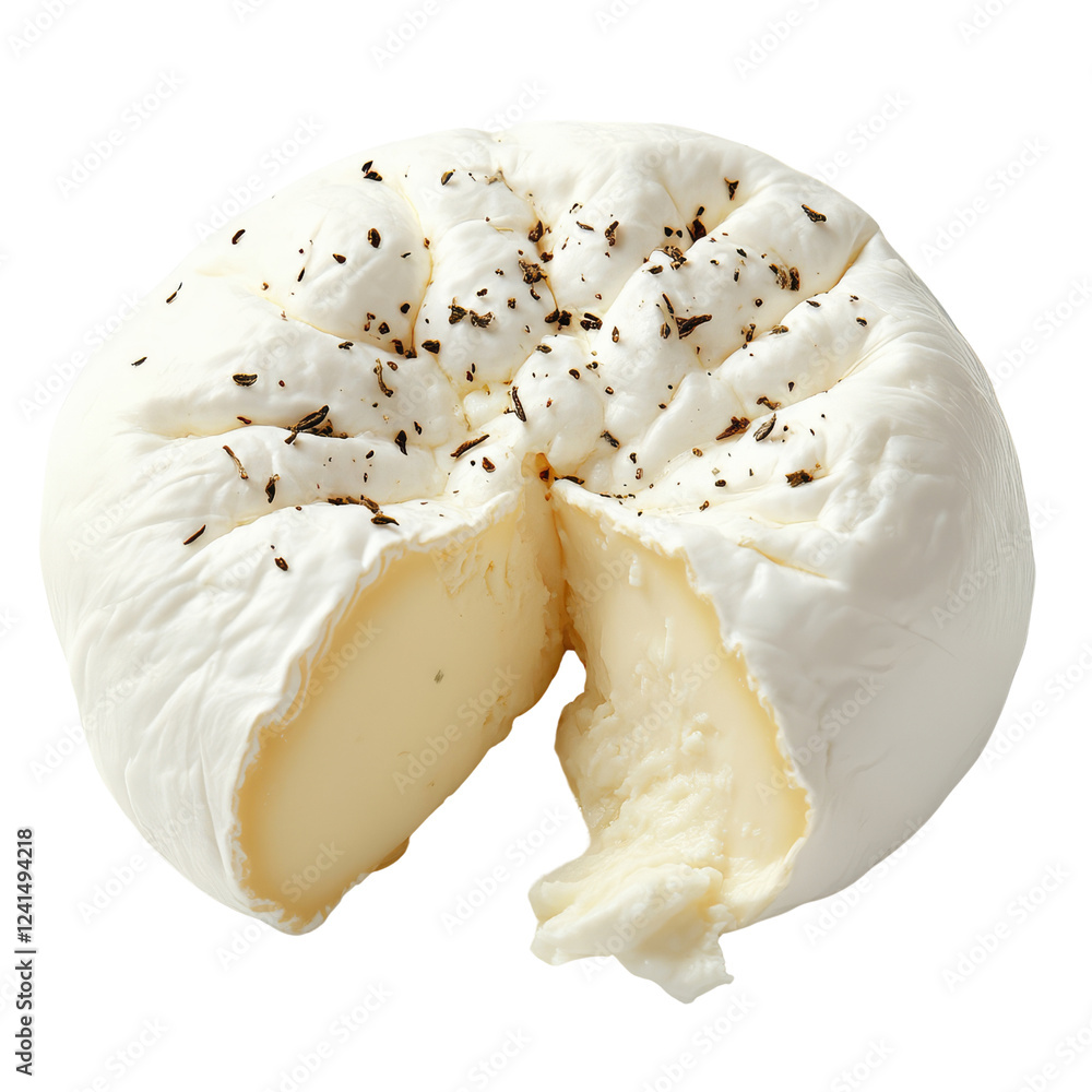 A round cheese with a soft interior, featuring a creamy texture and topped with black specks. A round cheese with a soft interior, featuring a creamy texture and topped with black specks.