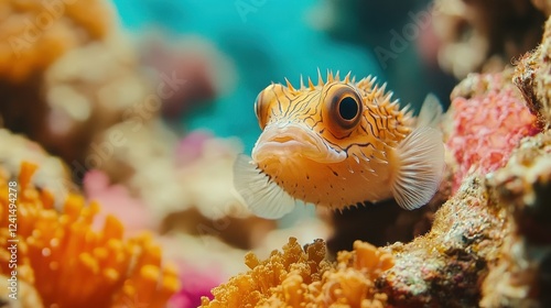 Fototapeta Naklejka Na Ścianę i Meble -  Vibrant Puffer Fish Surrounded by Colorful Coral Reef Underwater