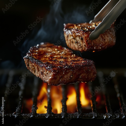Beef steaks grilling over an open flame with smoke rising in a nighttime kitc...