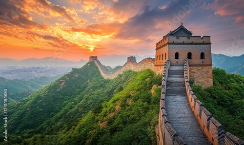 Stunning sunset over the Great Wall of China showcasing its ancient architect...