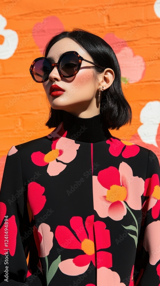 Fototapeta premium Fashion Forward Stylish Model Poses Against Vibrant Orange Wall Urban Setting Portrait Trendy Vibes