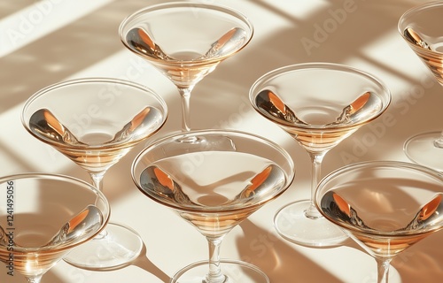 Elegant martini glasses arranged with natural light highlighting their features