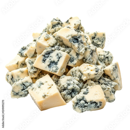 Crumbled pieces of blue cheese showcasing its unique texture and coloration.
