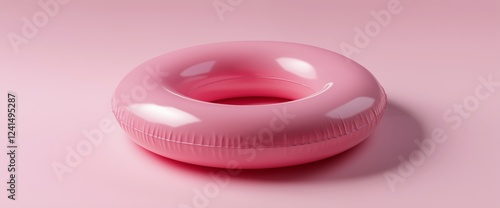 Pink inflatable ring on a soft pastel pink background ready for summer fun at...