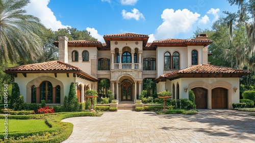 Mediterranean mansion, sunny Florida, lush landscaping, driveway