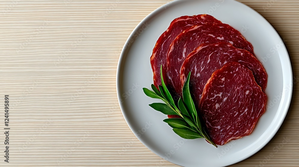 Sliced cured meat sausage with fresh bay leaves on white ceramic plate against wooden table background, top view food photography. Sliced cured meat sausage with fresh bay leaves on white ceramic plate against wooden table background, top view food photography.