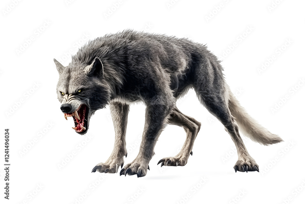 Realistic scary werewolf with wild appearance isolated on a white background. Ferocious werewolf snarling with menacing stance Realistic scary werewolf with wild appearance isolated on a white background. Ferocious werewolf snarling with menacing stance