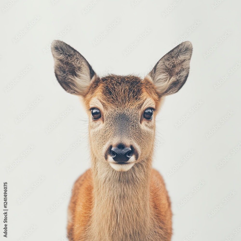 A young deer stares directly at the camera, its large eyes and soft fur captivating. A young deer stares directly at the camera, its large eyes and soft fur captivating.