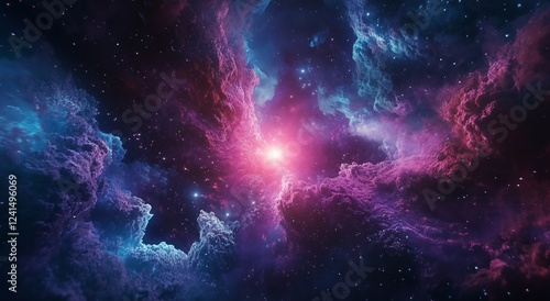 Colorful cosmic nebula showcasing vibrant hues of purple, blue, and pink
