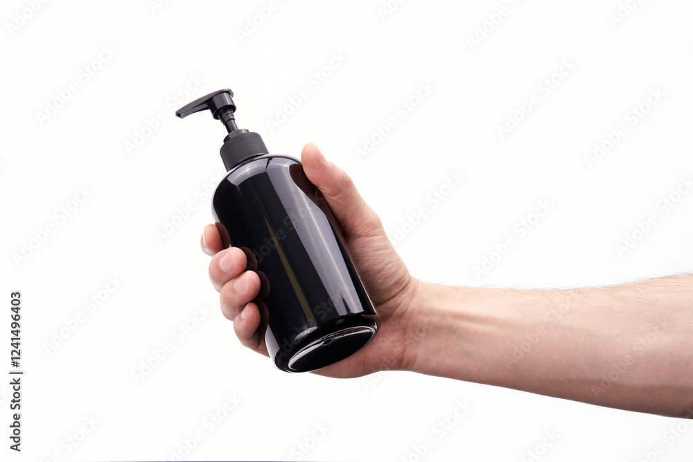 Naklejka premium Black plastic dispenser in hand on a white background