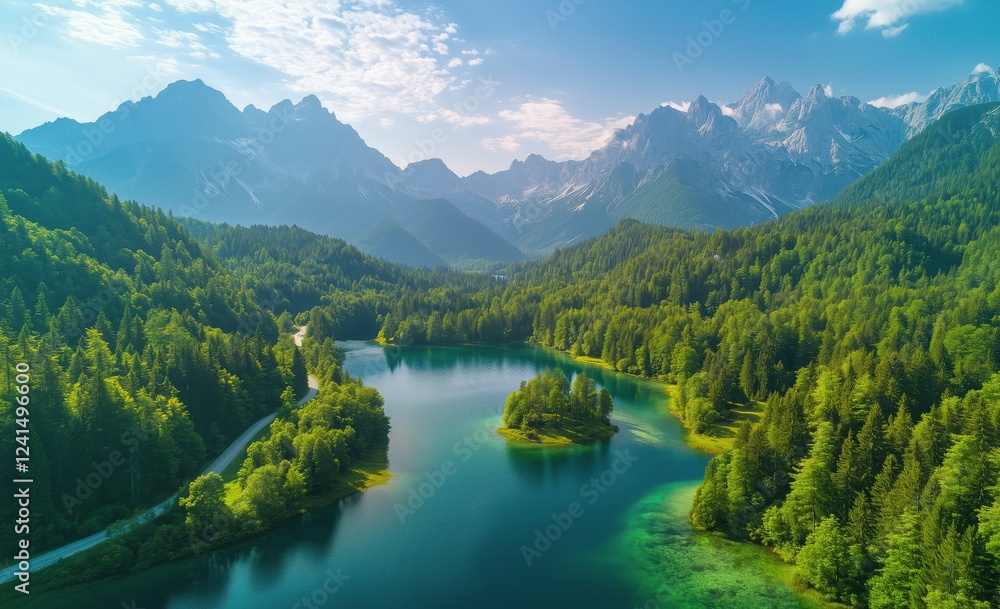 Fototapeta premium Mountain lake surrounded by lush forests and towering peaks in a clear blue sky