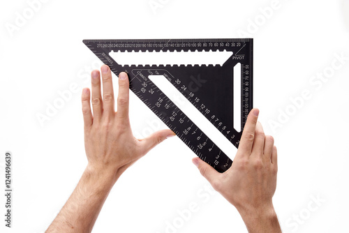 A carpenter's black square in his hand on a white background
