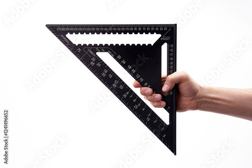A carpenter's black square in his hand on a white background