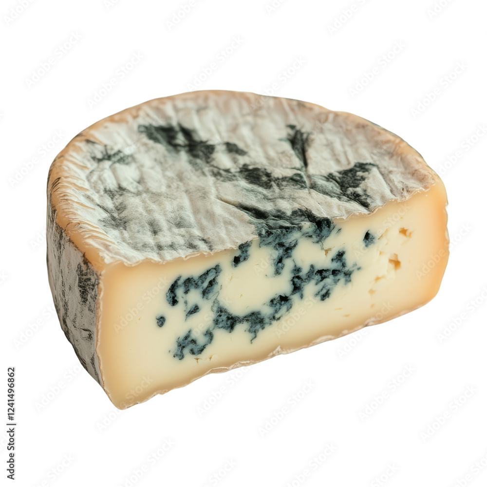 Obraz premium A wedge of blue cheese showcasing its distinct blue marbling and creamy texture, reflecting artisanal craftsmanship.