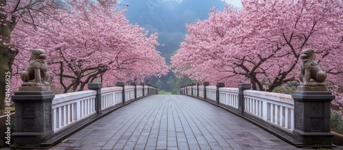 Blossoming cherry trees frame a tranquil bridge in a serene landscape