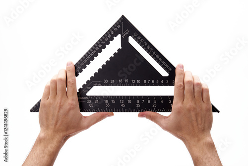 A carpenter's black square in his hand on a white background