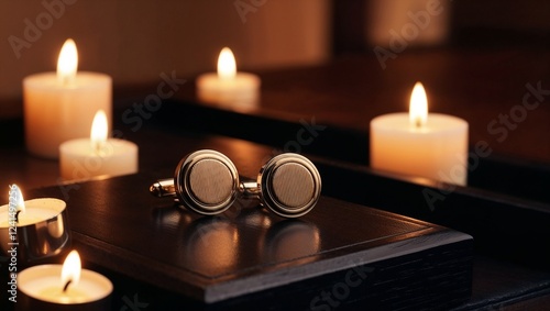 Luxurious gold cufflinks displayed on a wooden surface with glowing candles, creating an elegant ambiance, copy space
 photo