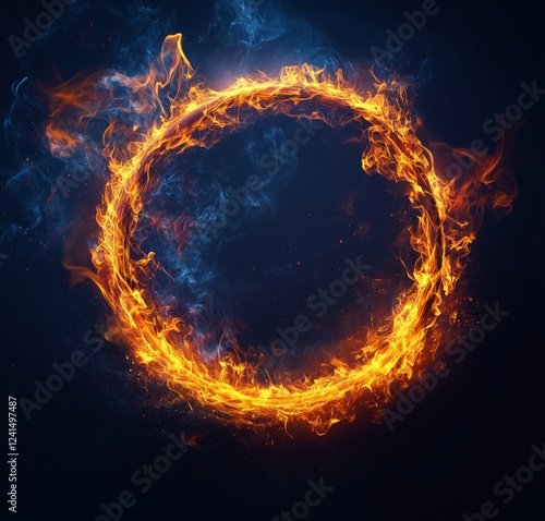 Dynamic ring of fire with swirling smoke in a dark setting